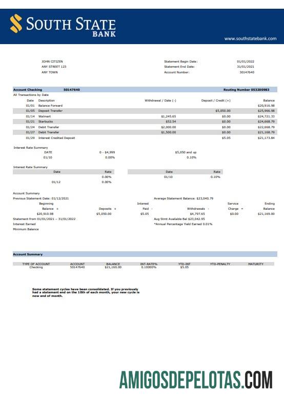 Extrato do Banco do Estado do Sul dos EUA em branco modelo Word e PDF